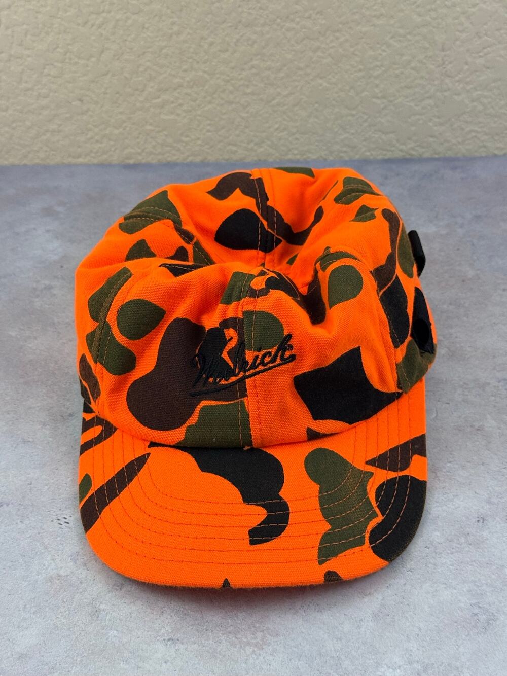 Vintage Woolrich Orange High Viz Camo Hunting Cap w Flaps Size XL Made in USA